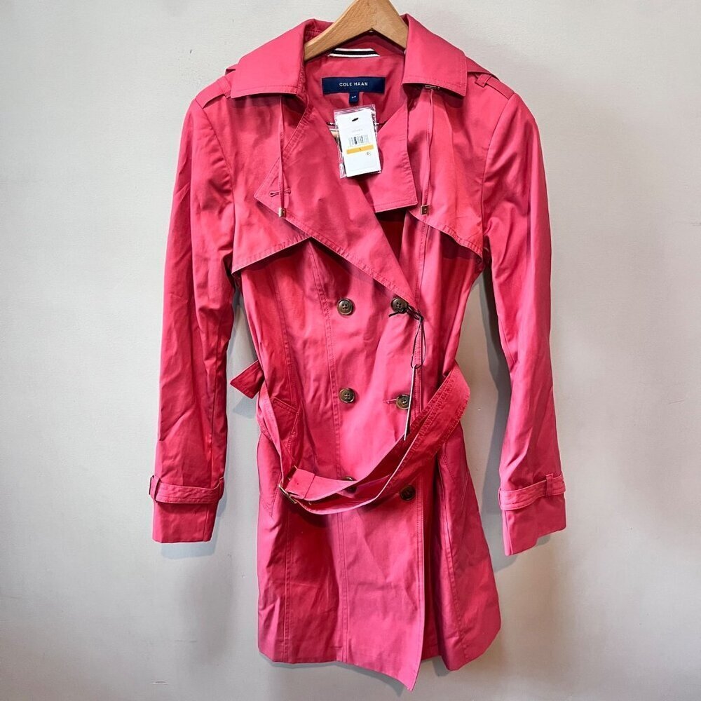 NEW cole Haan Women's Hooded Belted Trench Coat i coral pink-‎ Size S